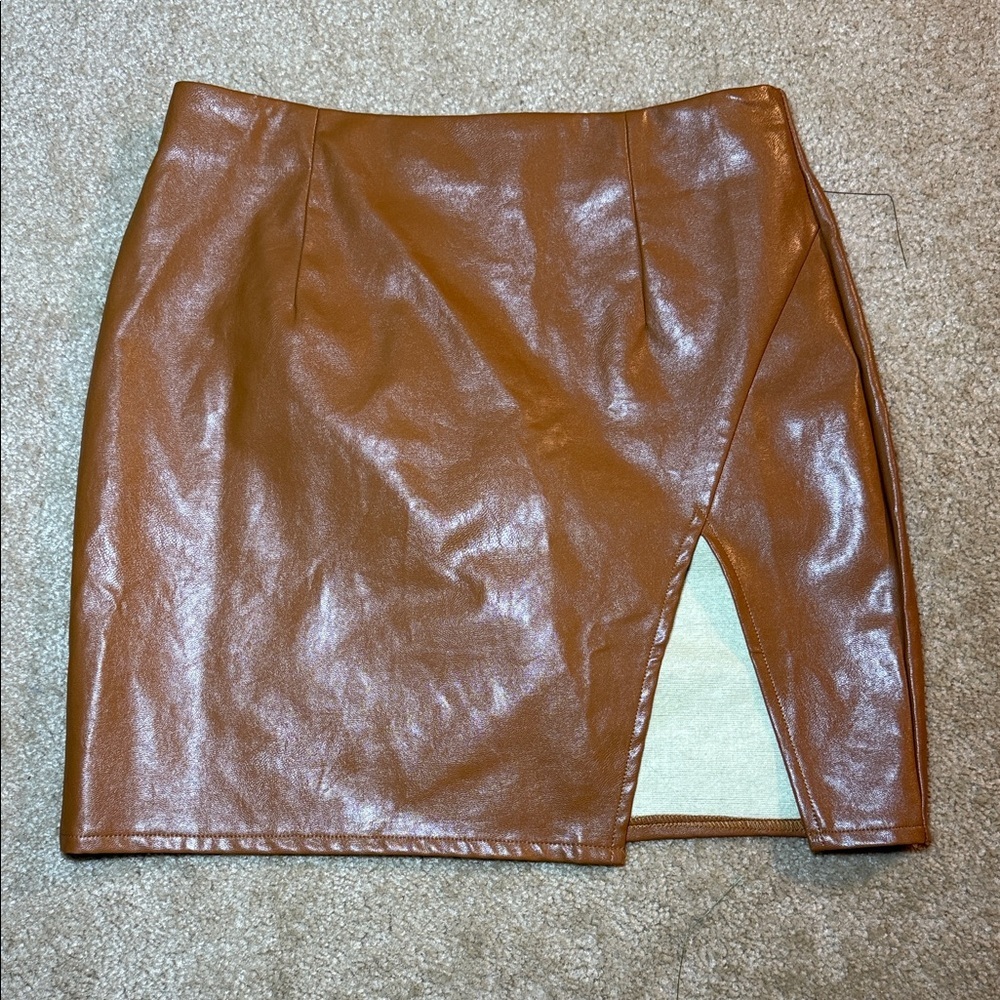 Lulus‎ Brown Faux Leather Skirt with Slit